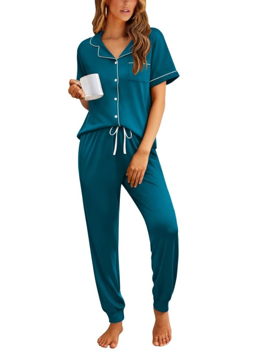 Women Pajama Set Short Sleeve Button Down Pjs with Jogger Pants